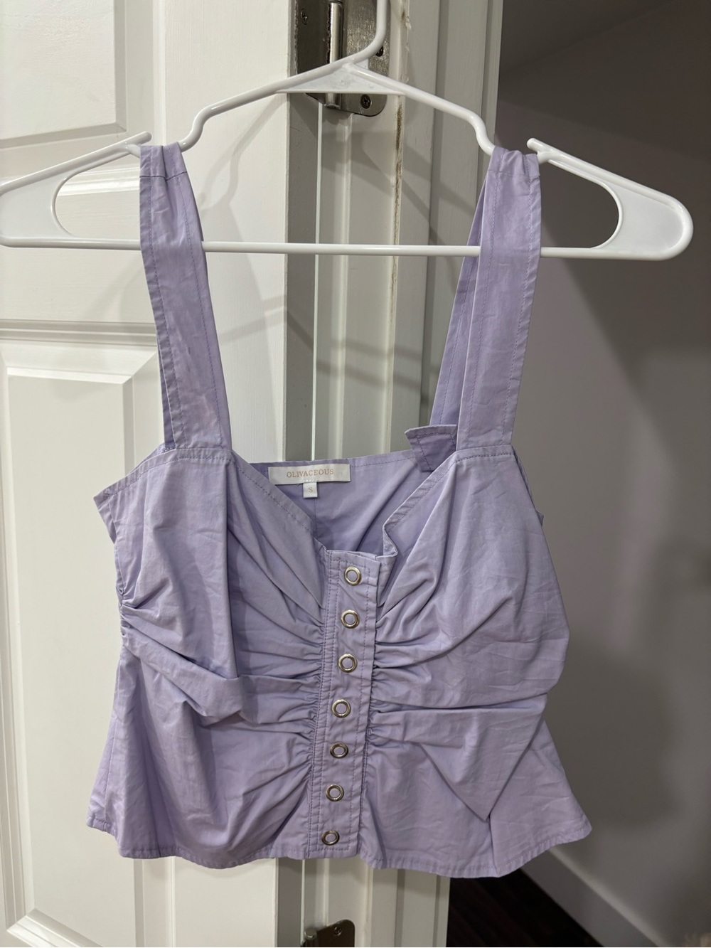 Olivaceous Lavender Ruched Button-Front Crop Top
